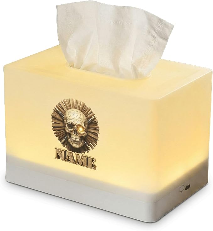 Personalized Steampunk Skull Tissue Box Cover with LED Night Light, Custom Name Rechargeable Lamp for Bedroom and Office Decor