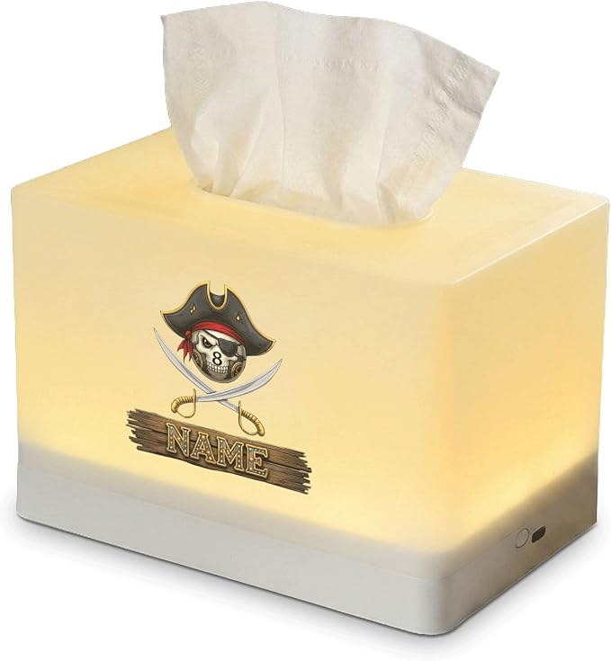 Personalized Pirate Tissue Box Cover with Rechargeable LED Night Light, Custom Name Skull Dispenser for Kids Bedroom