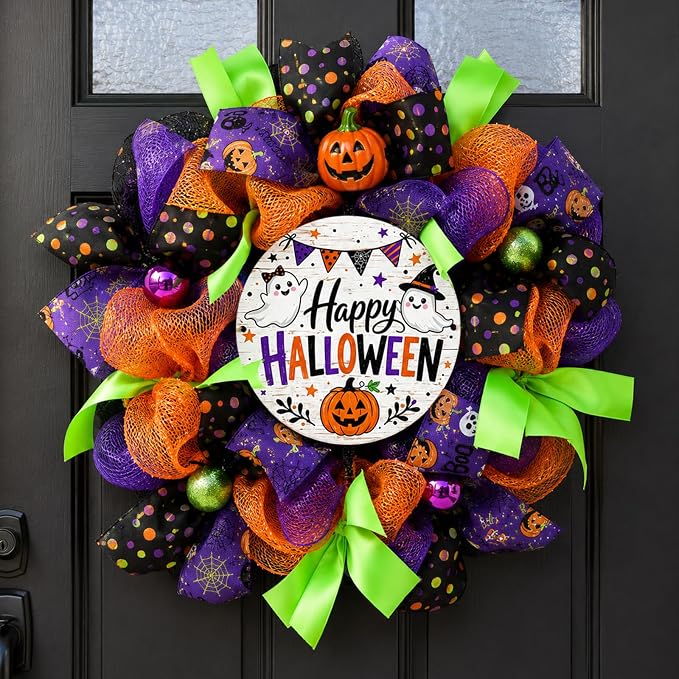 Halloween Wreath for Front Door with Happy Halloween Sign - skull wreath