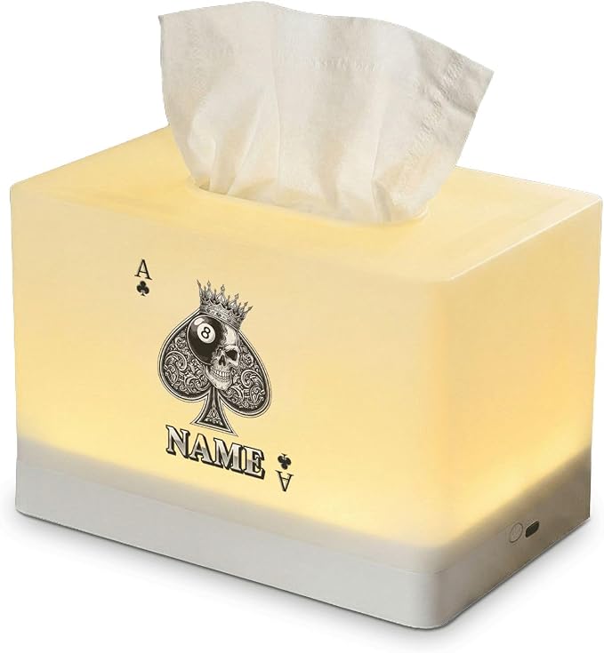 Personalized Tissue Box Cover with LED Night Light, Rechargeable Lamp with Ace of Spades Skull Design, Custom Name Game Room Decor