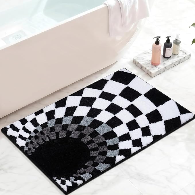 Non Slip Tufted Checkered Bath Mat, Cute Funky Microfiber Absorbent - skull toilet rug