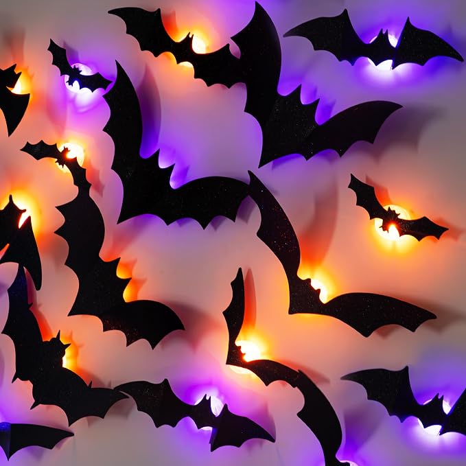 Dazzle Bright 100 PCS Halloween Bats Stickers with 60 Purple and Orange Lights, Lighted 3D Bat Wall Stickers, Halloween Decorations for Indoor Home Garage Window Decor Party Supplies - skull sticker