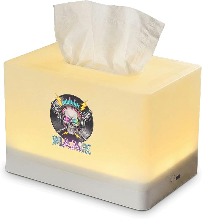 Customized Name Tissue Box Cover with LED Night Light, Rechargeable Music Skull Design, Bedroom Decor for Boys and Teens