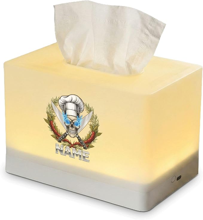 Personalized Chef Skull Tissue Box Cover with Custom Name, LED Illuminated Night Light, USB-C Rechargeable Facial Tissue Holder for Kitchen, Bedroom Decor
