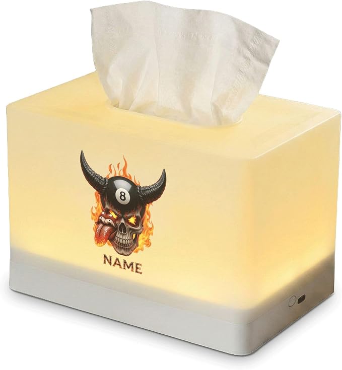Personalized Flaming Devil Skull Tissue Box Cover with LED Night Light, Rechargeable via Type-C, Custom Name Billiards 8-Ball Themed Room Decor