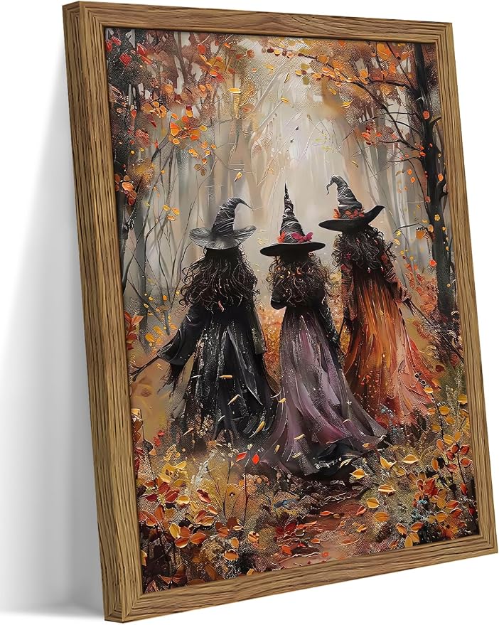 Vintage Halloween Witch Wall Art, Fall Forest Three Witches Canvas Wall Decor Painting, Dark Halloween Witch Artwork Prints Pictures for Living Room Bedroom 16×24 Inch Wood Framed