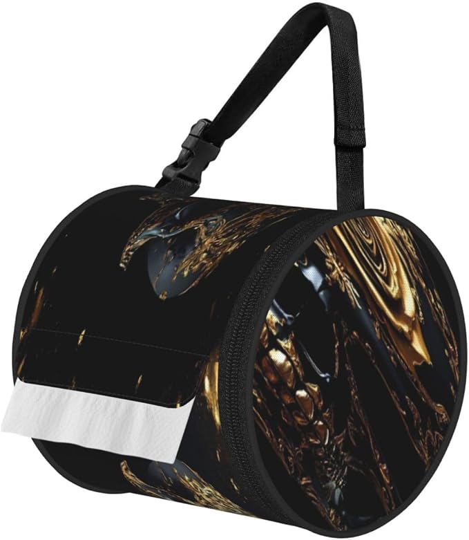 Gold Pattern Black Skull Print Zippered Toilet Paper Holder, Portable Hanging Tissue Box for Home & Cars - skull toilet paper