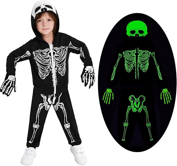 Kids Skeleton Costume Glow in The Dark Halloween Hoodie Pants Set 3-8Y - skeleton
