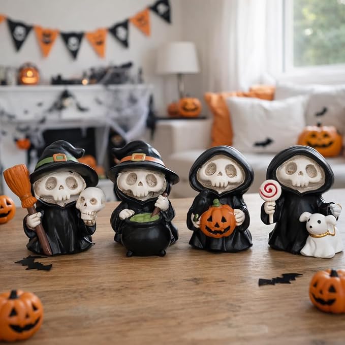 Halloween Figurines Set of 4 Halloween Decorations Indoor Table Decor Mini Skeleton Figurines Witch Skull Resin Statues Shelf Mantel Tiered Tray Decor Cute Spooky - skull figurine