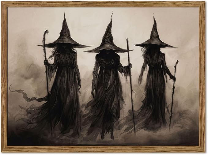 Vintage Framed Witch Halloween Wall Art, Gothic Three Witches Wall Decor, Dark Academia Canvas Print, Rustic Macabre Picture Poster Painting for Bedroom Living Room Spooky Fall Decor 12x16in - skull painting