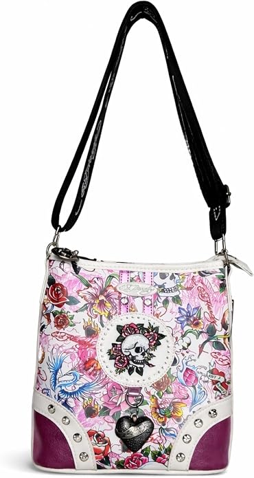 ED HARDY Women’s Floral Skull Shoulder Crossbody Bag, Tattoo Print Handbag with Studded Trim and Heart Charm - sugar skull handbags for sale