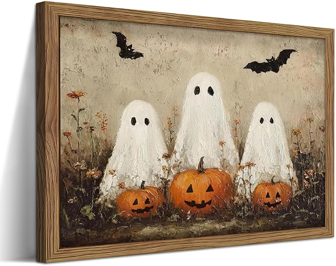 Framed Rustic Halloween Ghost Wall Art – Vintage Farmhouse Ghosts Pumpkins and Bats Canvas Print, Country Cottage Halloween Wall Decor for Living Room Bedroom, 8x10in Wood Frame