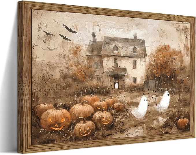 Framed Vintage Halloween Ghost Wall Art - Cute Ghost Pumpkin Canvas Print, Gothic Dark Academia Spooky Fall Wall Decor, Haunted House Artwork for Living Room Bedroom, 8x10 inch Wood Frame - skull painting