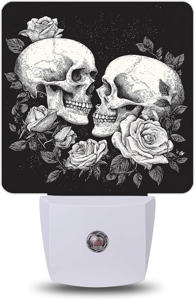 Gothic Skull Roses Night Lights Plug into Wall, Night Light with Dusk to Dawn Sensor for Bedroom Bathroom Kitchen Hallway Stairs, Decorative Room Gift, Energy Efficient Desk Lamp - skull lamp