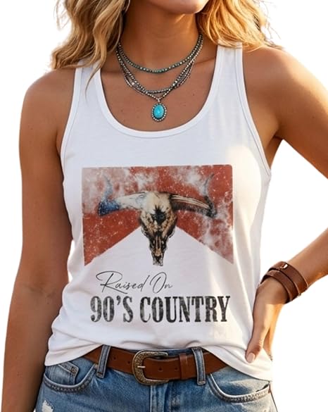 Women Raised 90’s Country Racerback Tank Top - skull tank tops
