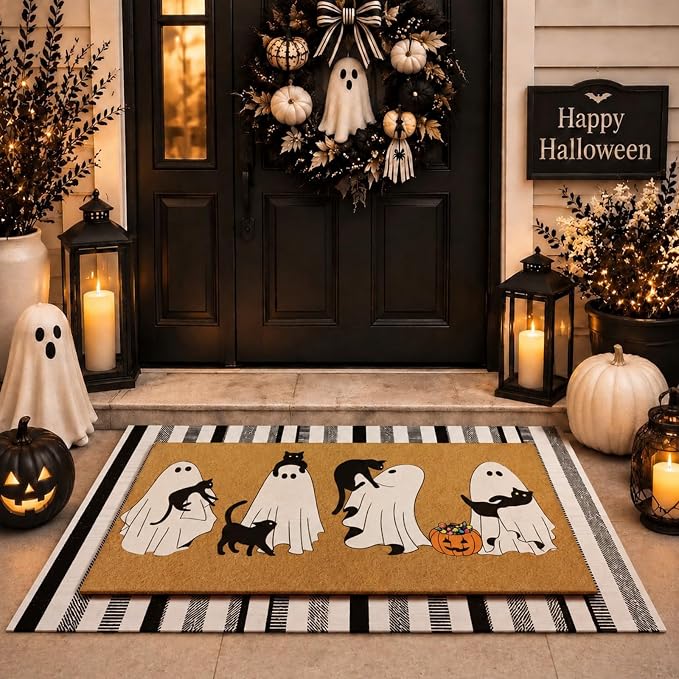 Drydiet 2 Pcs Halloween Door Mat Set, Ghost Cat Pumpkin Front Door Rug - skull door mat