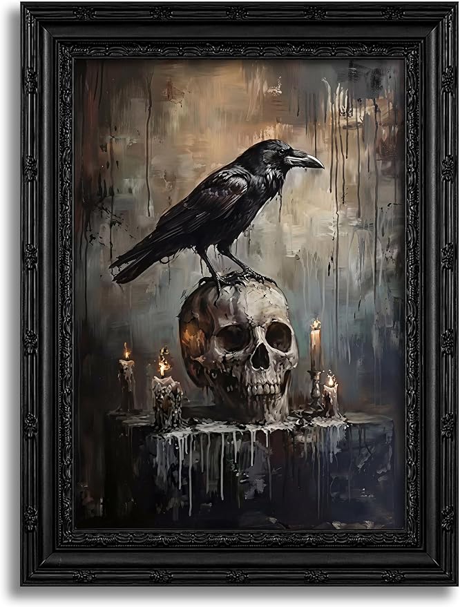Gothic Crow & Skull Wall Art, Dark Academia Raven Perched on Skull Framed Canvas Wall Decor, Macabre Halloween Art for Home, Living Room, Bedroom, 9×11 Inch