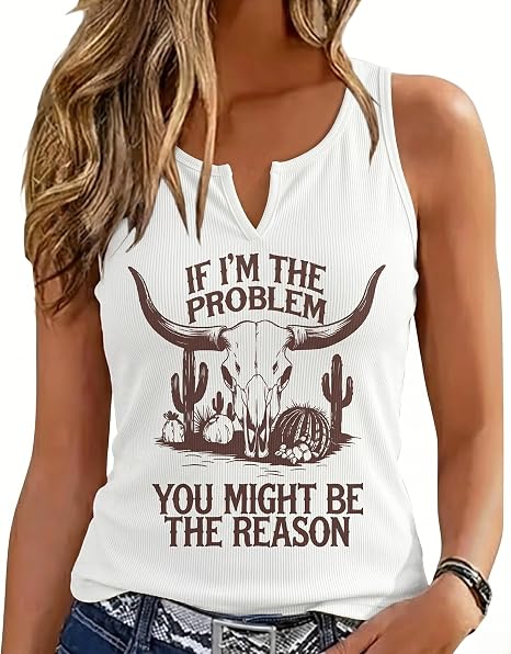 Women Western Graphic Tank Tops Summer Cow Skull Cowgirl Shirts Vacation Country Concert Outfits Rodeo Nashville Festival Top - skull tank tops