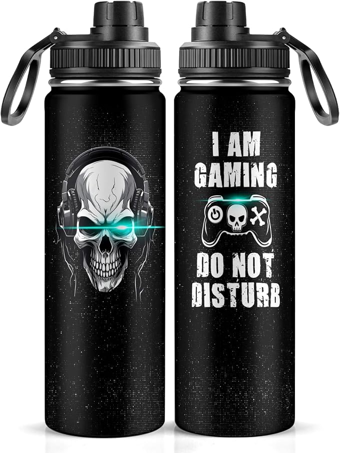 Jekeno Skull Water Bottle 22oz Stainless Steel Gamer Gifts for Men Boys Son Husband Teenagers Birthday Lid Video Game Mugs Insulated Gaming Cup Decor Leakproof - skull bottle