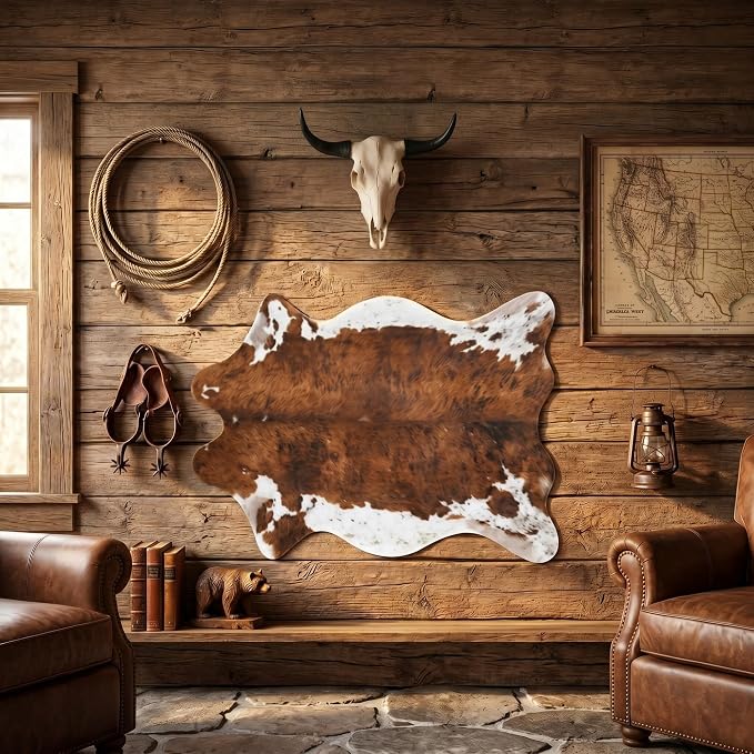 Klyyo Clyro 2 Pcs Western Cowboy Wall Decor Set Resin Cow Skull Wall Hanging with 30″x 43″ Faux Cowhide Backdrop Rustic Farmhouse Bull Head Western Art for Living Room Bedroom Entryway Home Decoration