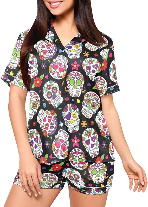 Pajamas Set for Women Short Sleeve Sleepwear Button Down Satin Pjs Soft 2 Piece Lounge Sets S-XXL - skull pajamas