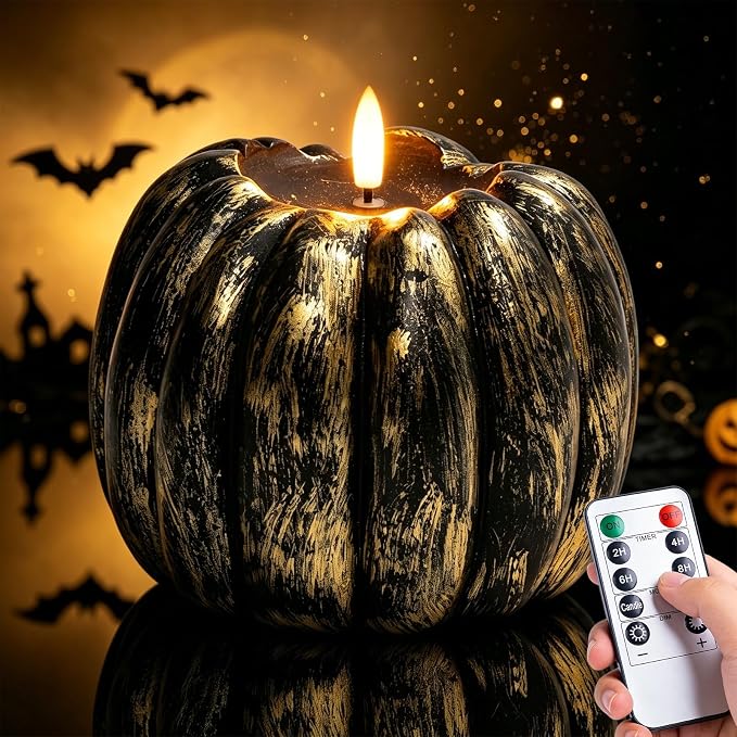 Halloween Decorations Indoor, Large Flameless Pumpkin Candle, Black - skull candle
