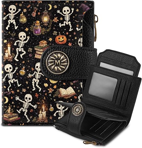 Mayski Dancing Skeletons Gothic Goth Small RFID Wallet Women, PU Leather Bifold Zipper Coin Pocket Compact Credit Card Holder Purse, Cute Travel Wallet for Ladies Teen Girls, 4 ID Window 14 Card Slots - skull wallet