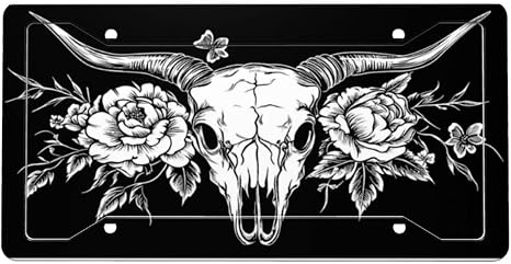 Black and White Cow Skull License Plate and Frame - Decorative Metal Car Plate Aluminum Waterproof (Accessories Included) - skull plate