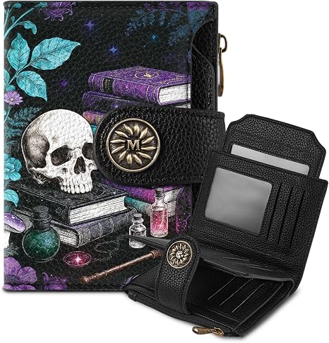 Mayski Dark Academia Skull & Books Small RFID Wallet Women, PU Leather Bifold Zipper Coin Pocket Compact Credit Card Holder Purse, Cute Travel Wallet for Ladies Teen Girls, 4 ID Window 14 Card Slots - sugar skull handbags for sale