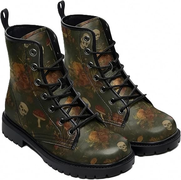 Women's Floral Combat Boots Gothic Vintage Boho Hippie Printed Ankle Booties Lace-Up Platform Vegan Leather Comfortable Shoes Custom Boot for Travel Casual Daily Outdoor Walking Dating - sugar skull boots