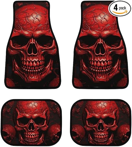 All Weather Red Skulls Car Floor Mats 4 Pcs Universal Waterproof Automotive Carpet Liners Anti-Slip Nibbs Backing & Driver Heel Pad for Trucks Suvs Vans Sedans Interior Accessories - skull carpet