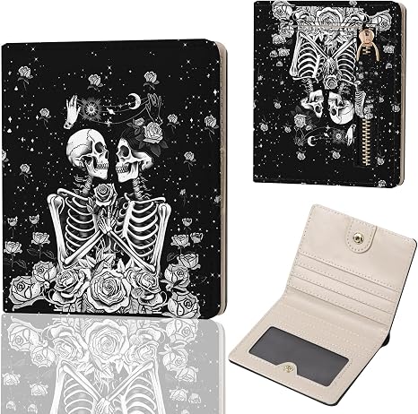 Small Women's Wallet, RFID Blocking Slim Bifold Purse, Compact PU Leather Card Holder with ID Window & Zipper Coin Pocket, Travel Wallet for Ladies & Teen Girls,Couple Skeletons - skull wallet