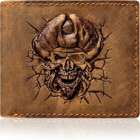 3D Pirate Captain Skull Embossed Genuine Leather Wallet for Men – Vintage Bifold with Detachable ID Window, 9 Card Slots & RFID Blocking – Vintage Tan