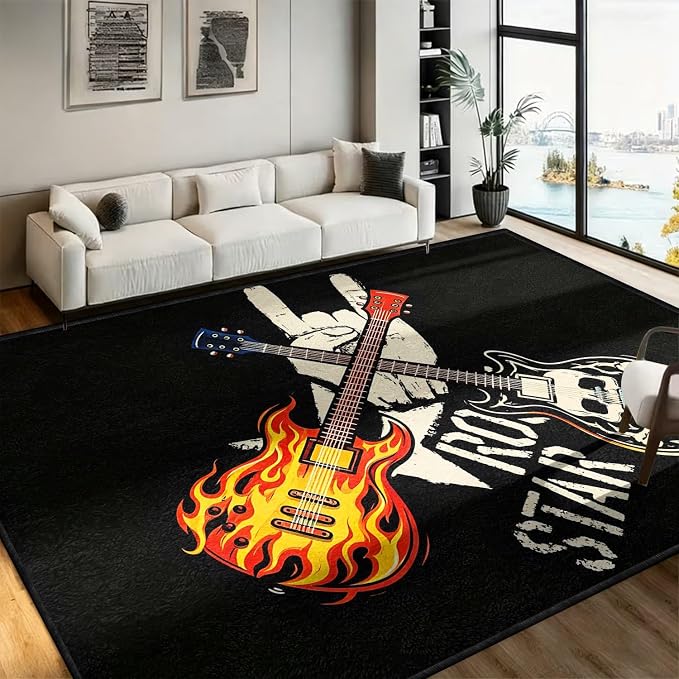 Rock Roll Area Rug 3x5, Flaming Skull Guitar Music Themed Carpet, Vintage Devil Horns Soft Washable Non-Slip Floor Mat for Teen Boys Bedroom Man Cave Music Room Decor - skull carpet