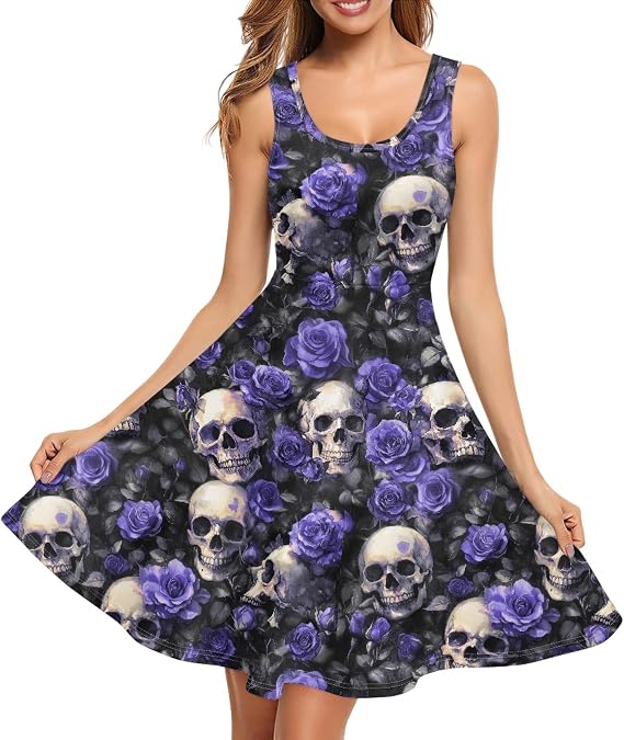TOADDITDO Womens Casual Summer Tank Sleeveless Knee Length Dress - skull swimsuit
