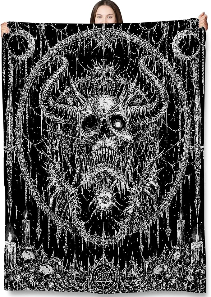 Gothic Skull Throw Blanket Gifts for Kids Women, Dark Demon Horn Skull Occult Metal Art Blankets for Home, Living Room, Bedroom Decor, Flannel Plush 50"x60" - skull blanket