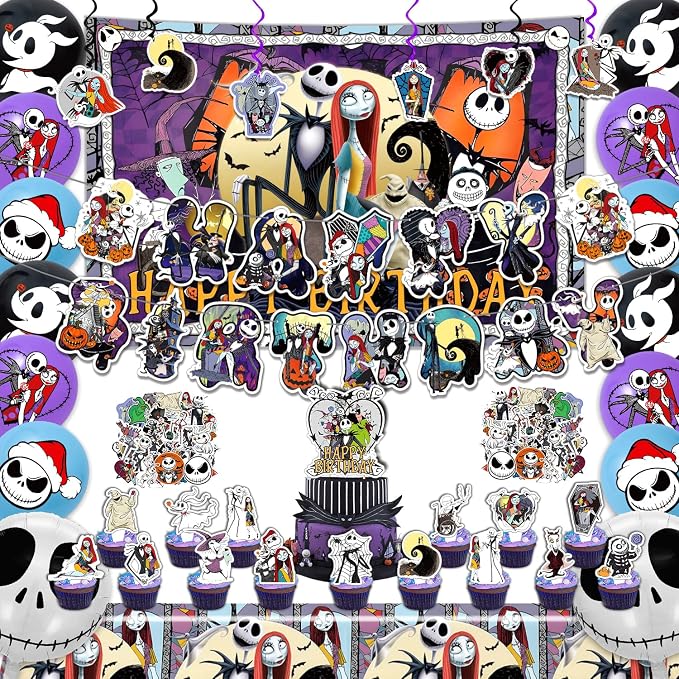 162 pcs Jack and Sally Birthday Decorations, Nightmare Party Supplies Kit for Kids Adults Includes Banner, Backdrop, Balloons, Tablecloth, Stickers and Temporary Tatoos, Hanging Swirls & Cake Topper - skeleton
