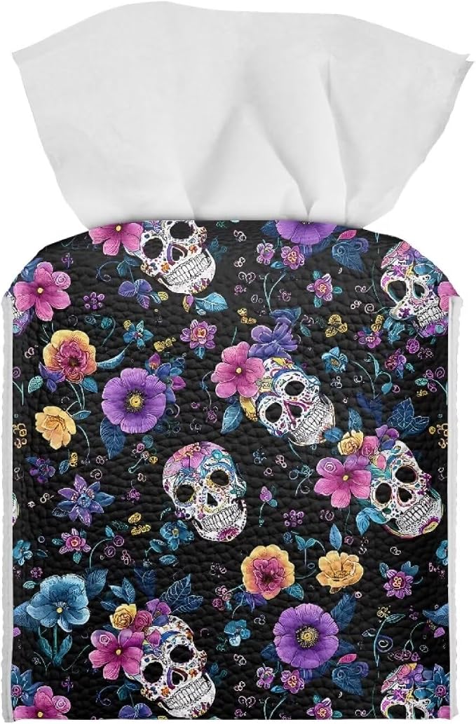 Purple Rose Skulls Tissue Box Holder Portable Square Tissue Box Cover Organizer Case with Metal Button Home Bathroom Decor - skull toilet paper