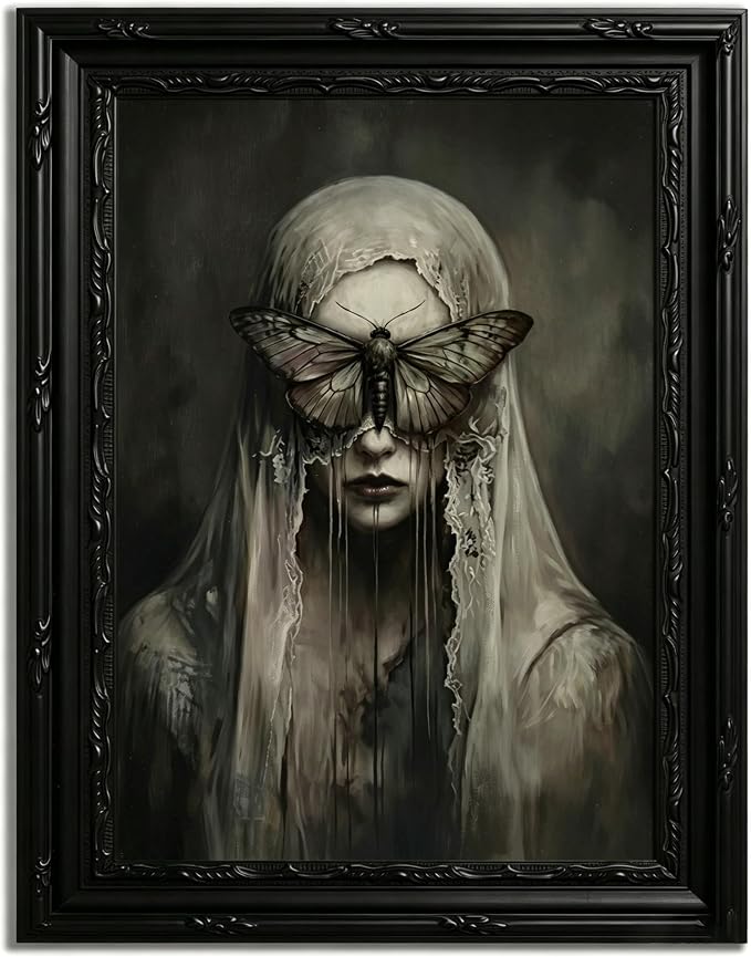 Framed Moth wall Art,Vintage Gothic Decor,Dark Academia Print 9×11 Inches