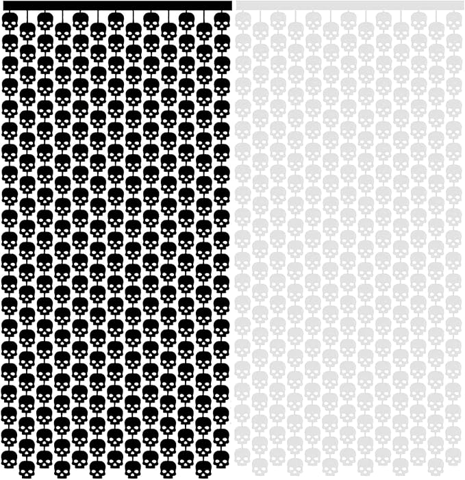 2PCS Halloween Skull Door Curtain Decorations, 6.7ft Black & White Skull Foil Fringe Streamers Curtains, Spooky Hanging Curtains for Halloween Party - skull sticker