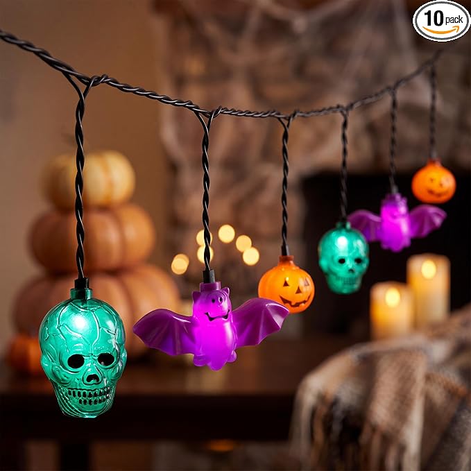 8.5Ft Halloween String Lights Plug-In with 10 LED Pumpkin Skull Bat Lights - string light