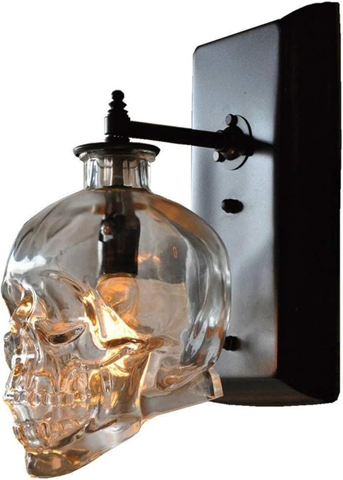 Industrial Skull Ghost Wall Sconce, Clear Glass Skull Shade, E14 Vintage Farmhouse Wall Lamp, Spooky Lighting Fixture for Loft Bathroom Bedroom Halloween Decor