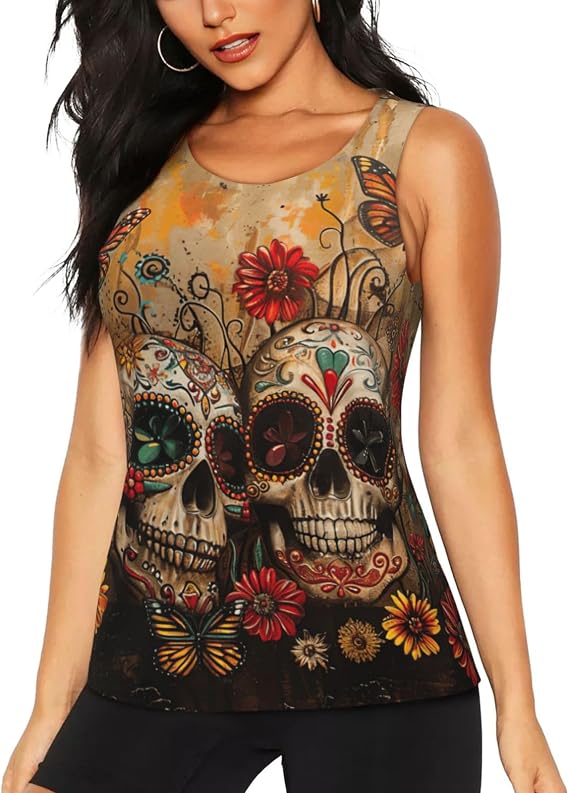 Womens Sugar Skulls Butterfly Print Workout Tank Tops, Quick Dry Sleeveless Athletic Shirts Gym Yoga Sports Vest - skull tank tops