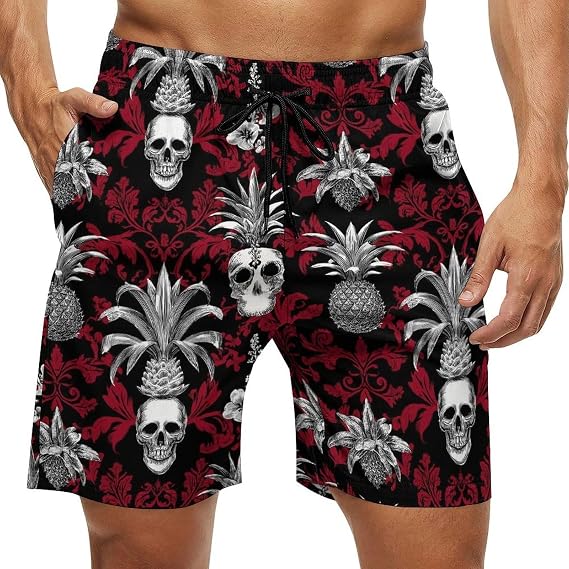 Gothic Pineapple Skull Print Mens Swim Trunks, Quick Dry Mens Bathing Suit Board Shorts Swim Shorts - skull swimsuit