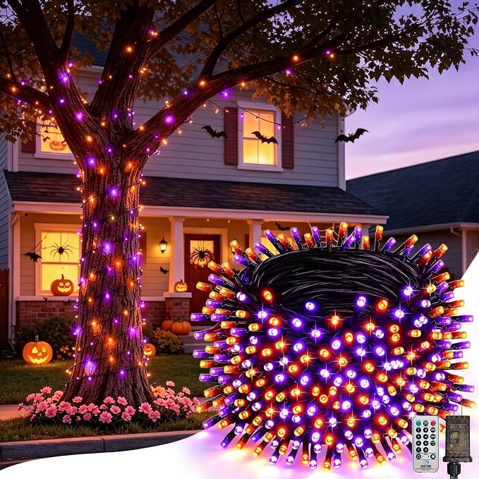 Halloween Lights Outdoor 165FT 500LED String Light Remote Orange and Purple - string light