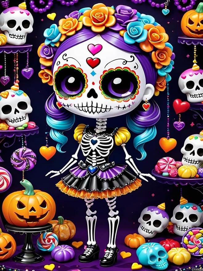 GYANIZR Sugar Skull Diamond Art DIY 5D Cute Sugar Skull Doll Round Full Drill Crystal Rhinestone Arts and Crafts Diamond Painting Kits for Adults Home Wall Decor Halloween Handicrafts 30x40cm - skull painting