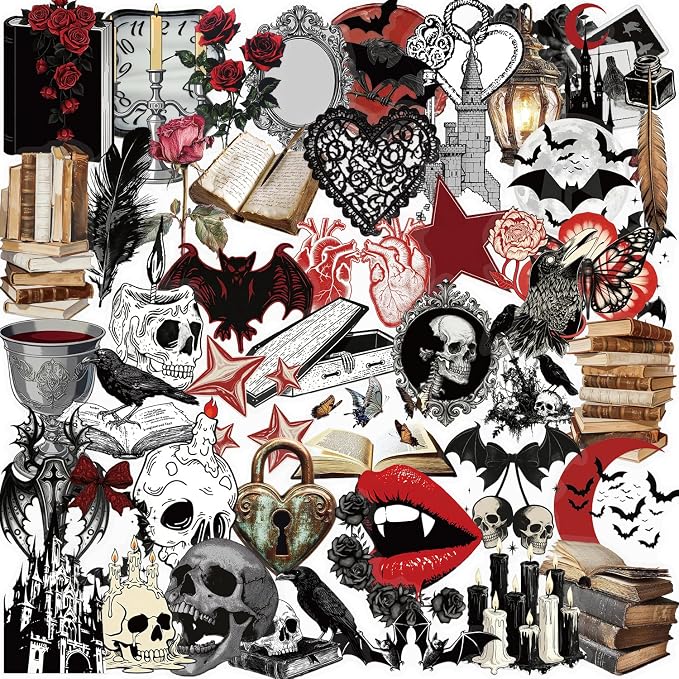 50Pcs Gothic Stickers Pack, Cool Retro Skull Stickers for Laptop, Skateboard, Water Bottle, Hydro Flask, Computer, Phone, Motorcycle, Bumper, Waterproof PET Transparent Decals - skull sticker