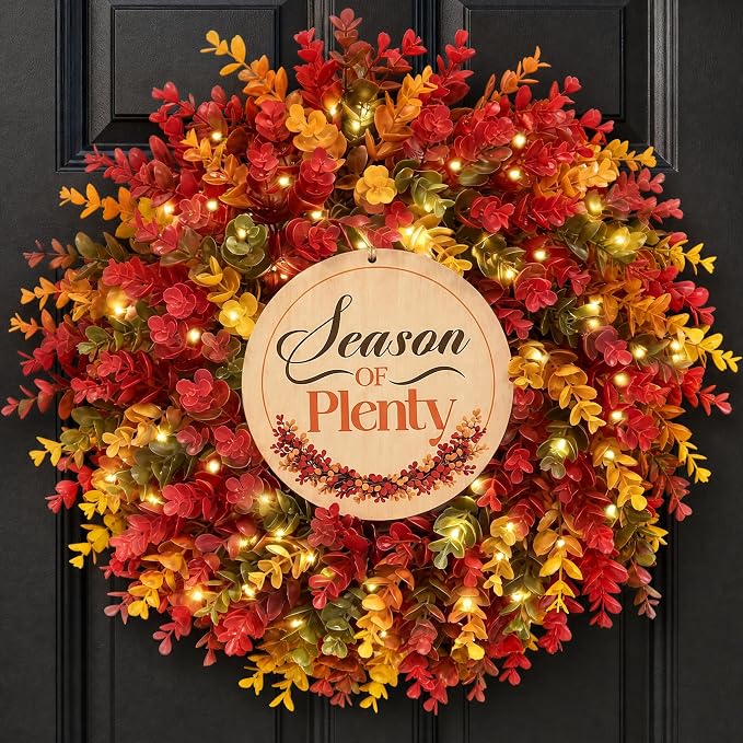 24 Inch Fall Wreaths for Front Door, Handmade & Faux Eucalyptus Fall Wreath with Sign & Storage Bag, Autumn Door Wreath for Mantle Home Porch Farmhouse Window Wall Thanksgiving Decor - skull wreath