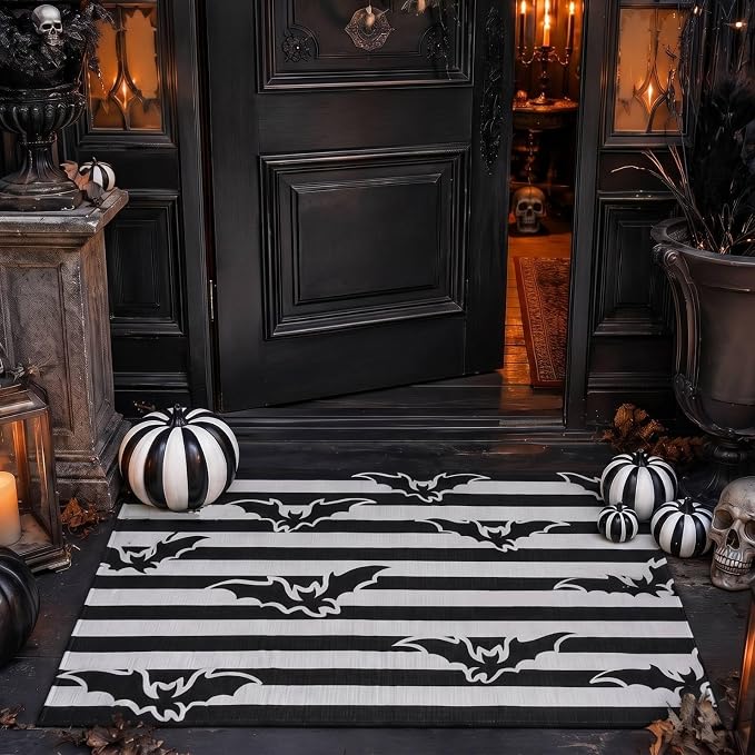 Moucuny Halloween Outdoor Rug, 23.62 x 35.43 In, Bat Stripe - skull carpet