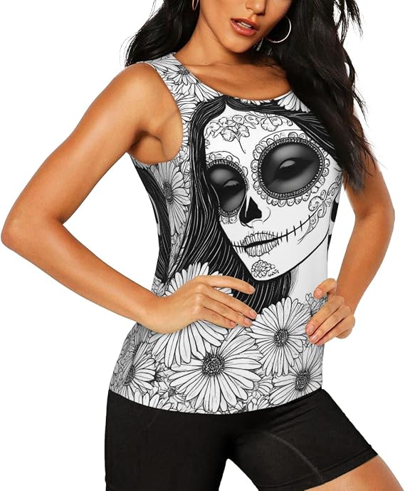 Floral Sugar Skull Portrait for Women's Sleeveless Workout Tank Top, Athletic Shirts Yoga Running Gym - skull tank tops